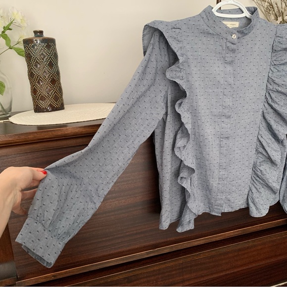 Chambray Patterned Ruffled Prairie Blouse, Size Large - Picture 5 of 12